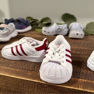 Adidas Kids White Sneakers with Maroon Stripes